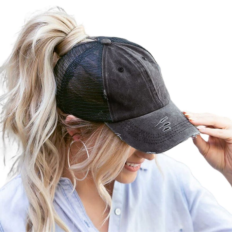 Eohak Distressed Ponytail Hats Baseball for Women Messy-Bun Pony Caps (Black) - Image 1